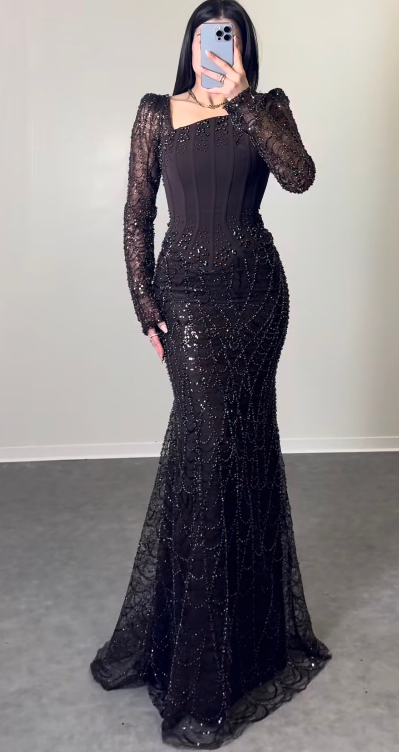 Maxikleid Langarm mit Perlendetails