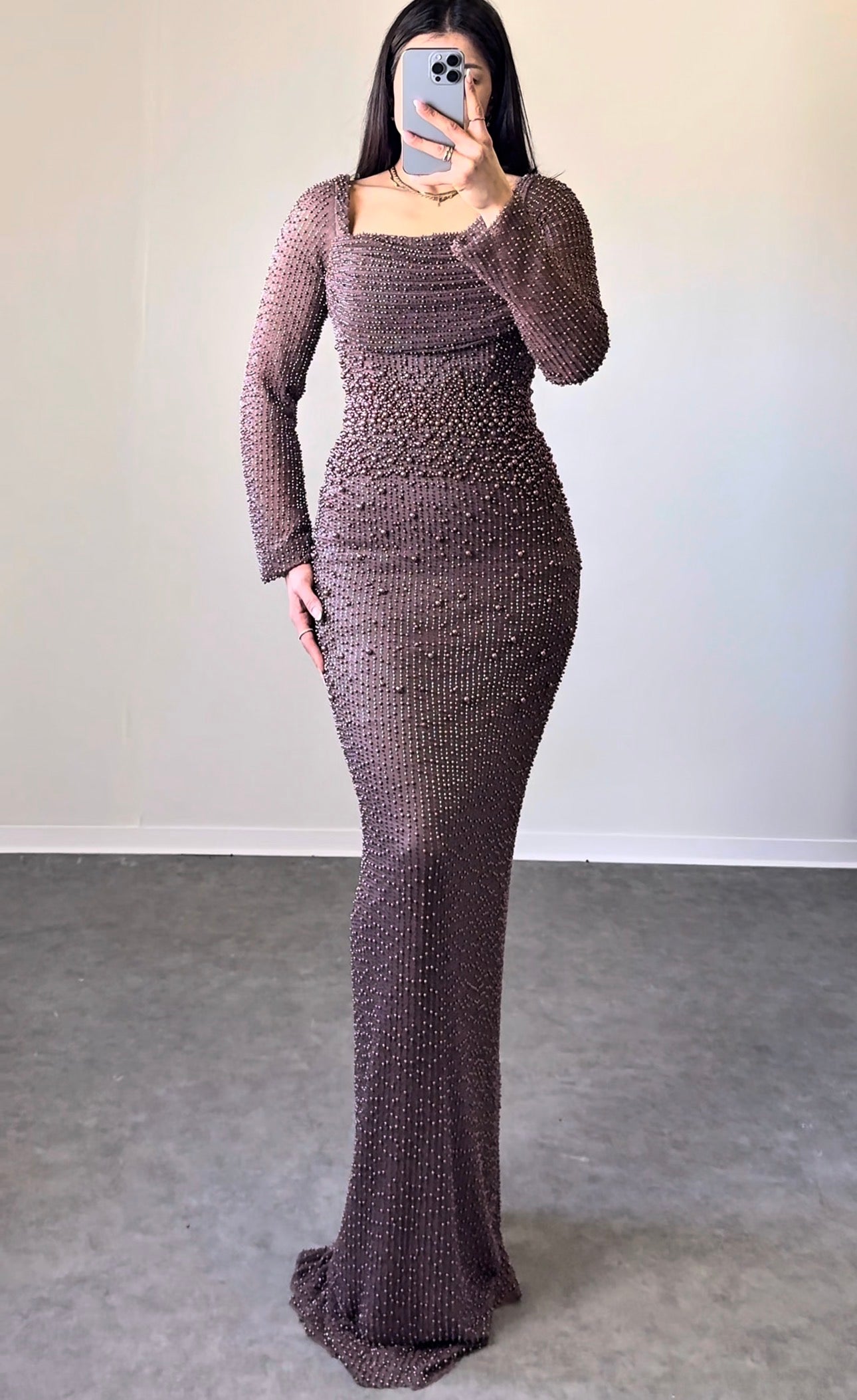 Langarm Maxikleid mit abnehmbarer Schleppe