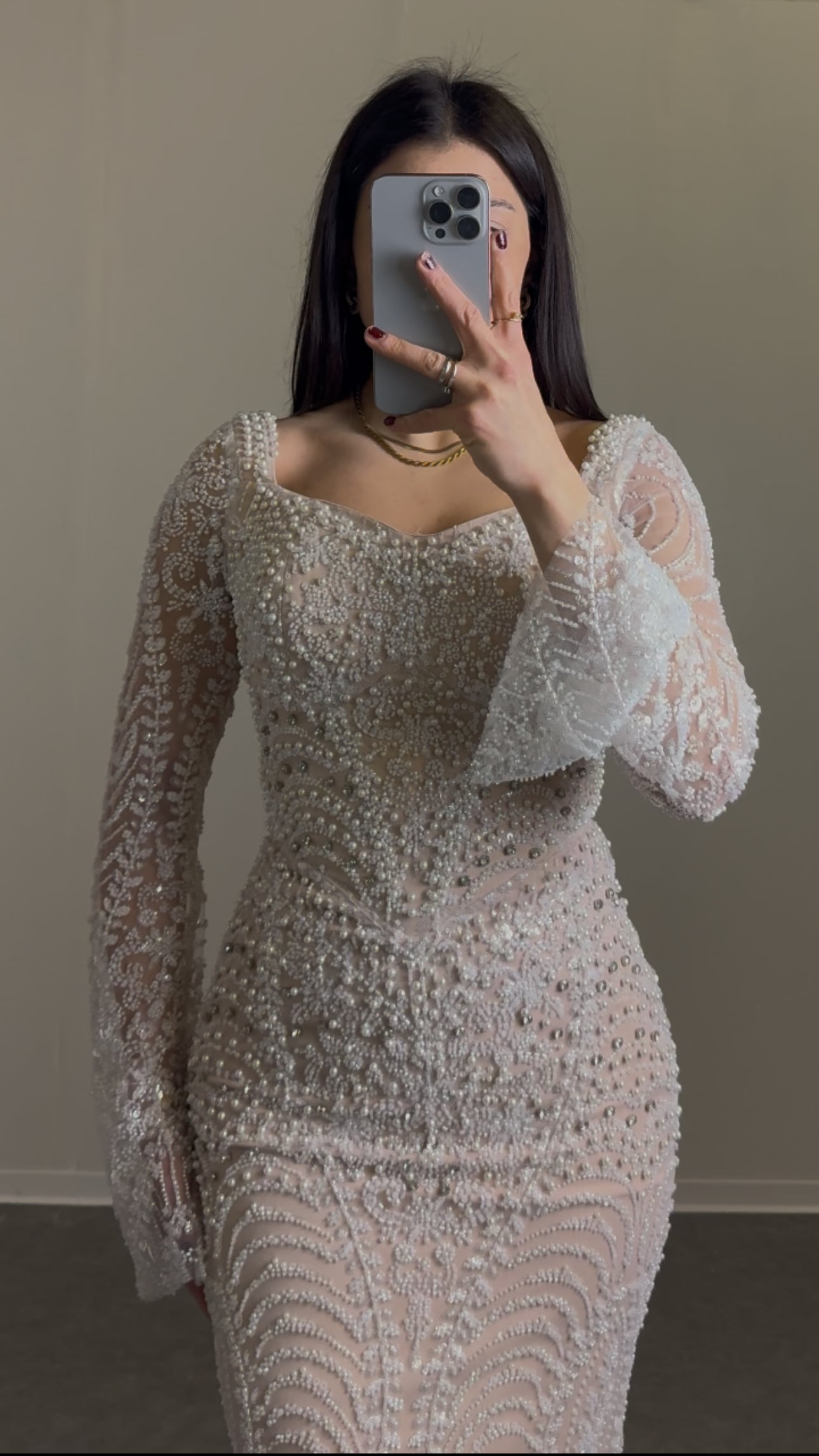 Langarm Maxikleid mit Perlen