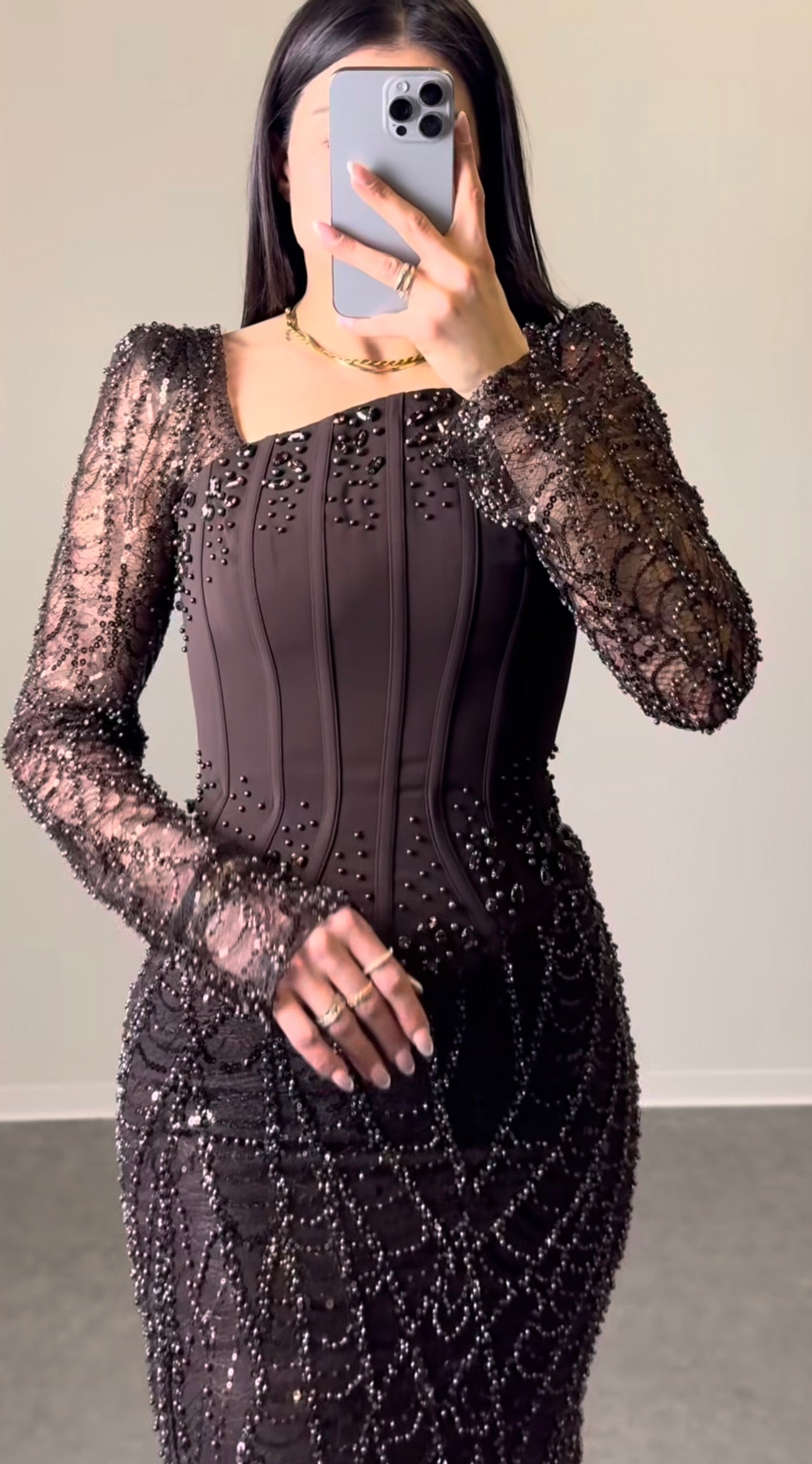 Maxikleid Langarm mit Perlendetails