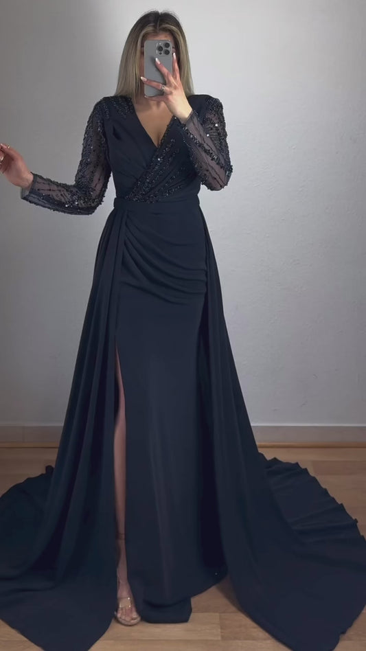 Langarm Maxikleid mit Schleppe